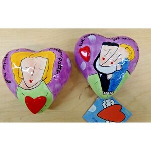Sandra Magsamen Silvestri Hand Painted Heart Shaped Ceramic with Saying Lot of 2